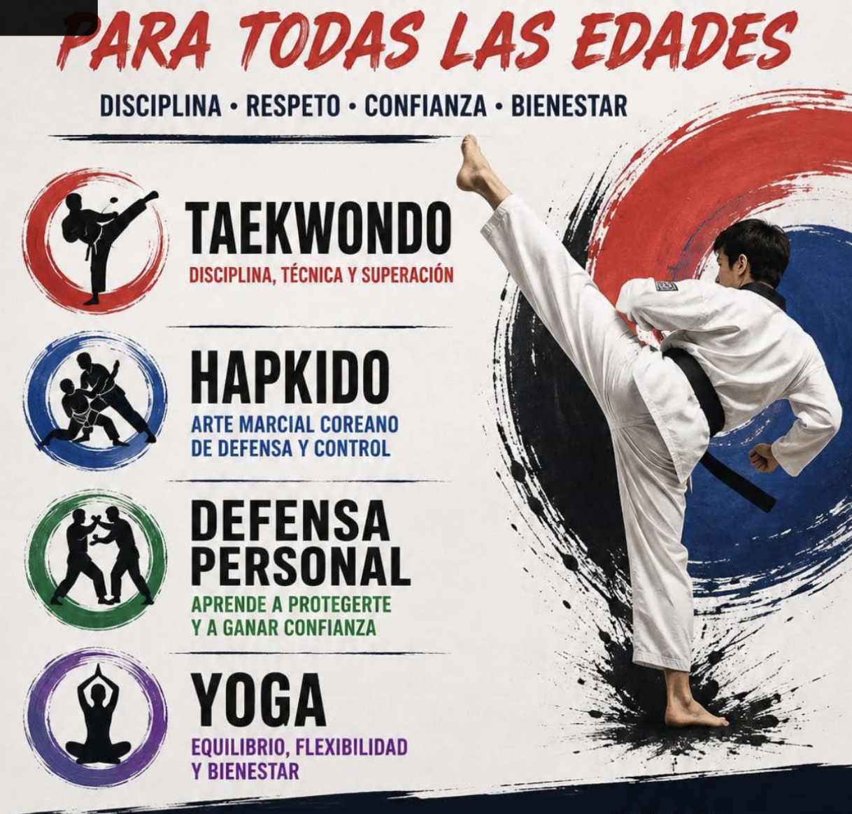 Cartel de Centro Gous: taekwondo, hapkido, defensa personal y yoga para todas las edades